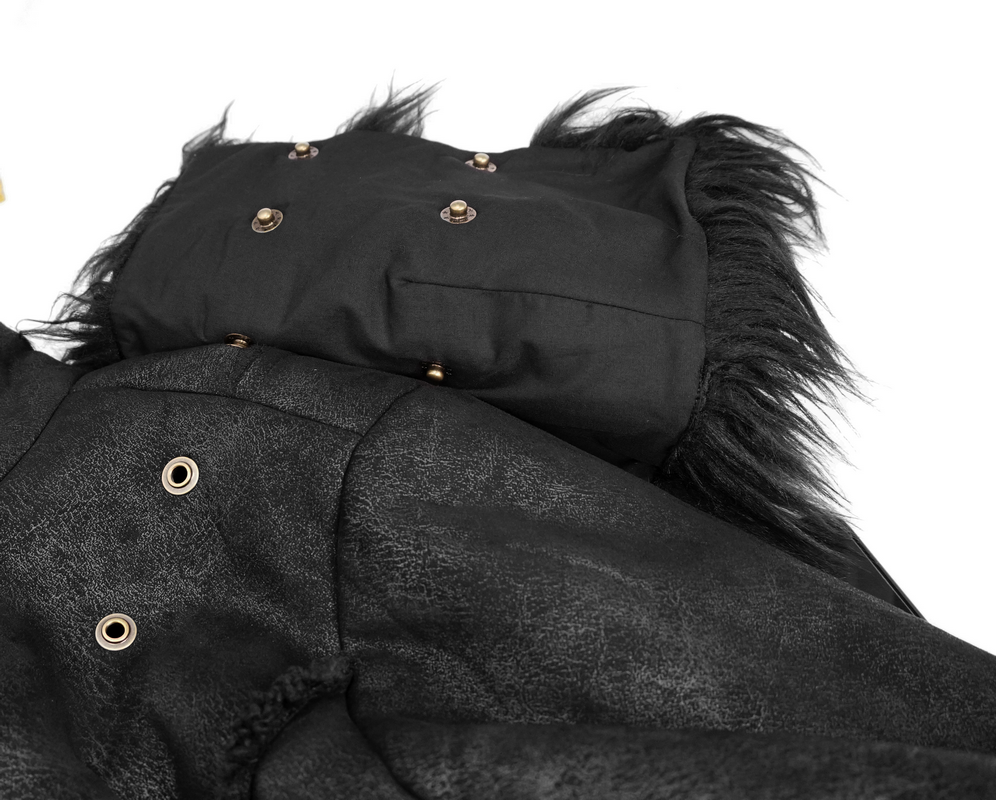 Close-up of the steampunk men's long winter coat showcasing fur inserts and retro button details.