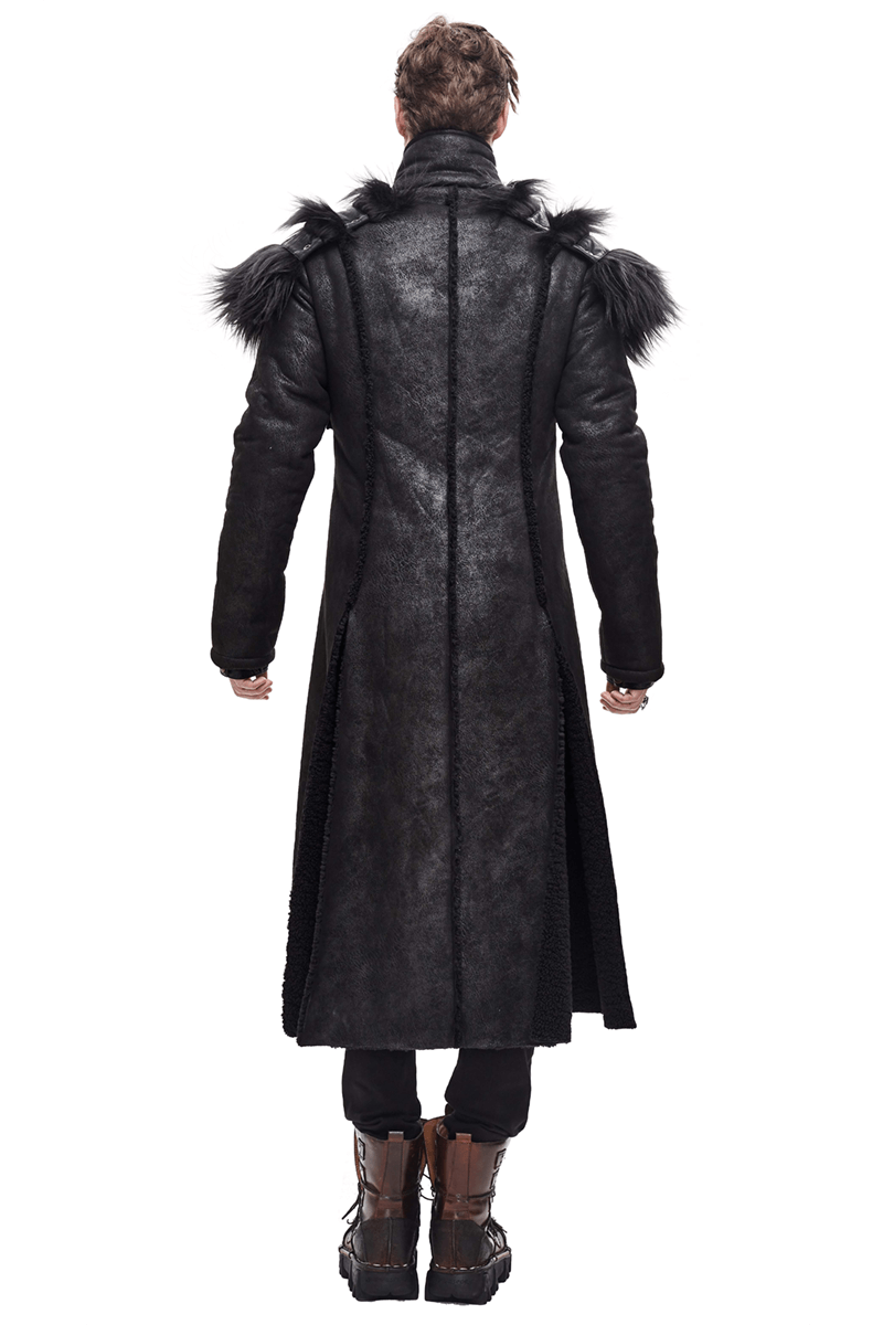 Back view of a steampunk men's long winter coat with removable shoulders and fur inserts, ideal for stylish winter outfits.
