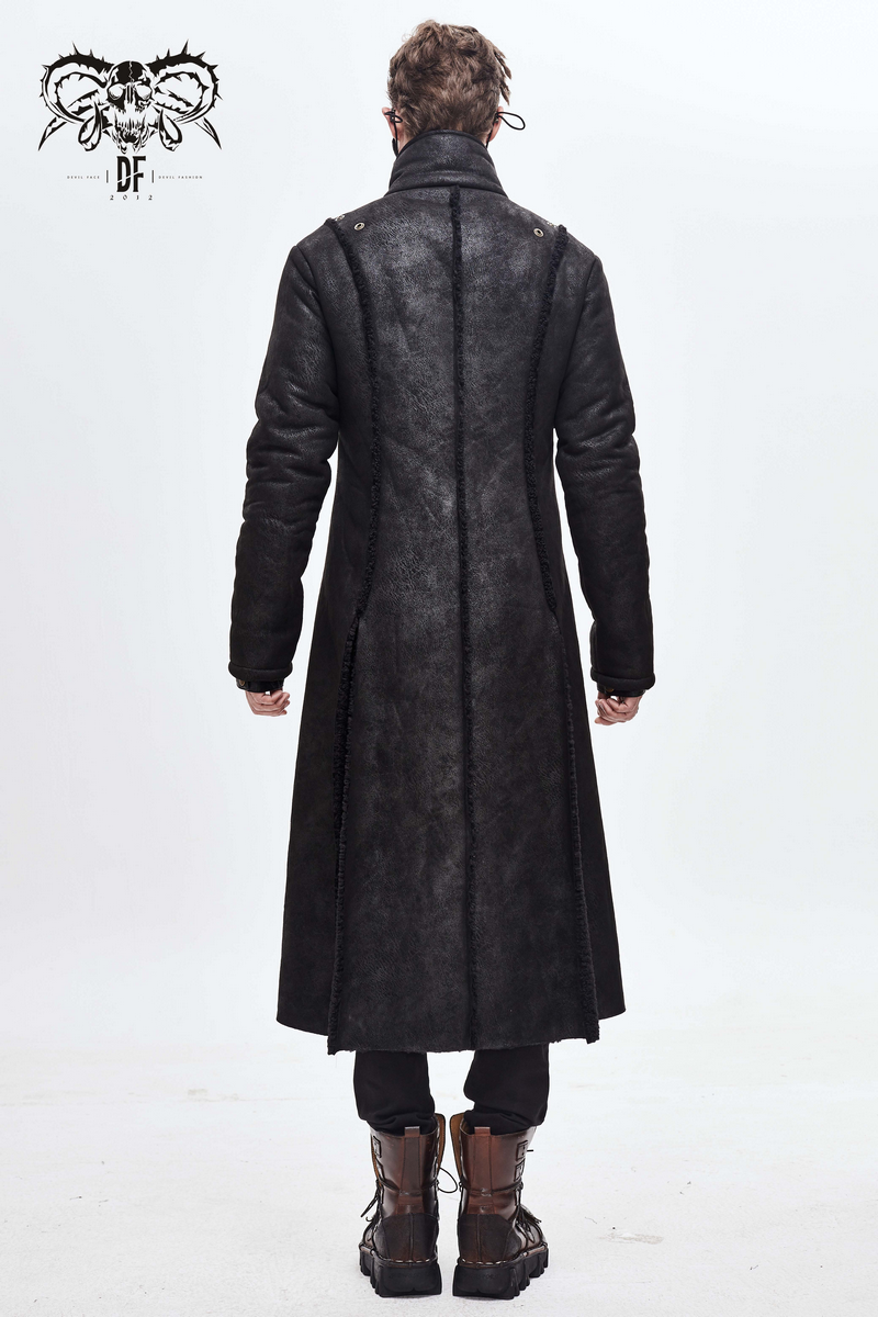 Back view of a stylish Steampunk men's long winter coat with removable shoulders, featuring a vintage design and fur inserts.