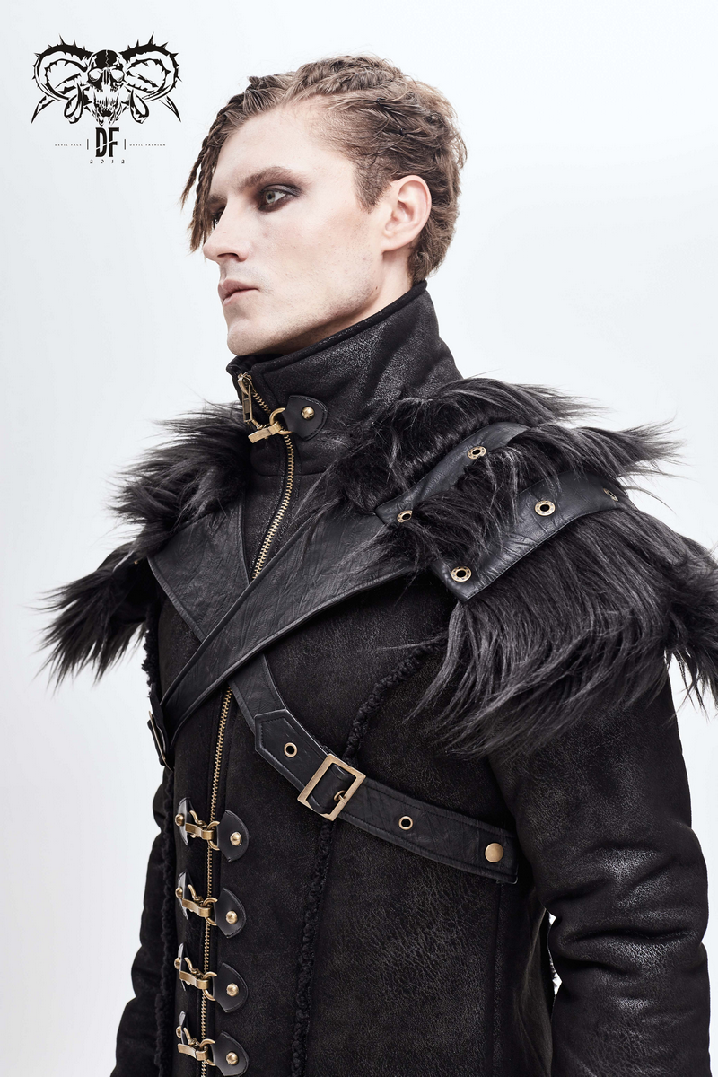 Steampunk men's long winter coat with fur details and retro design, perfect for stylish winter outfits.