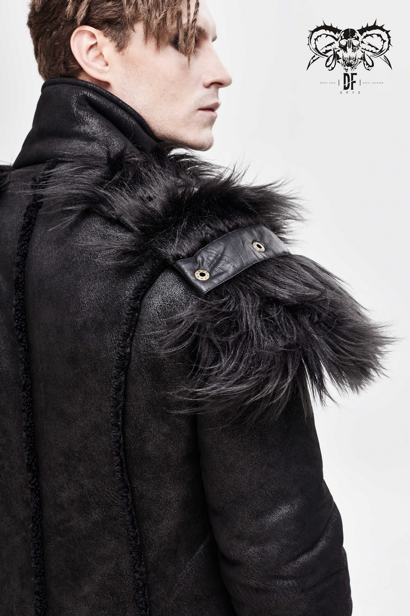 Steampunk men's long winter coat featuring removable shoulder fur, perfect for stylish winter outfits.