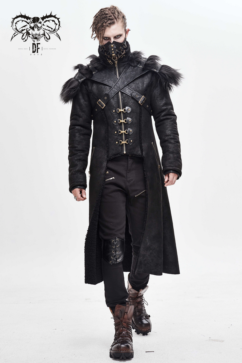 Steampunk men's long winter coat with fur inserts and unique zipper design, perfect for stylish steampunk outfits.