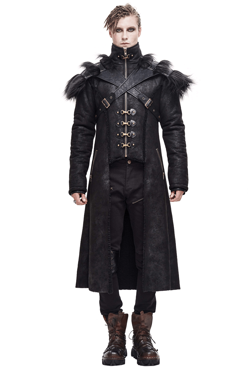 Steampunk men's long winter coat with fur inserts and unique vintage design, perfect for stylish outfits.
