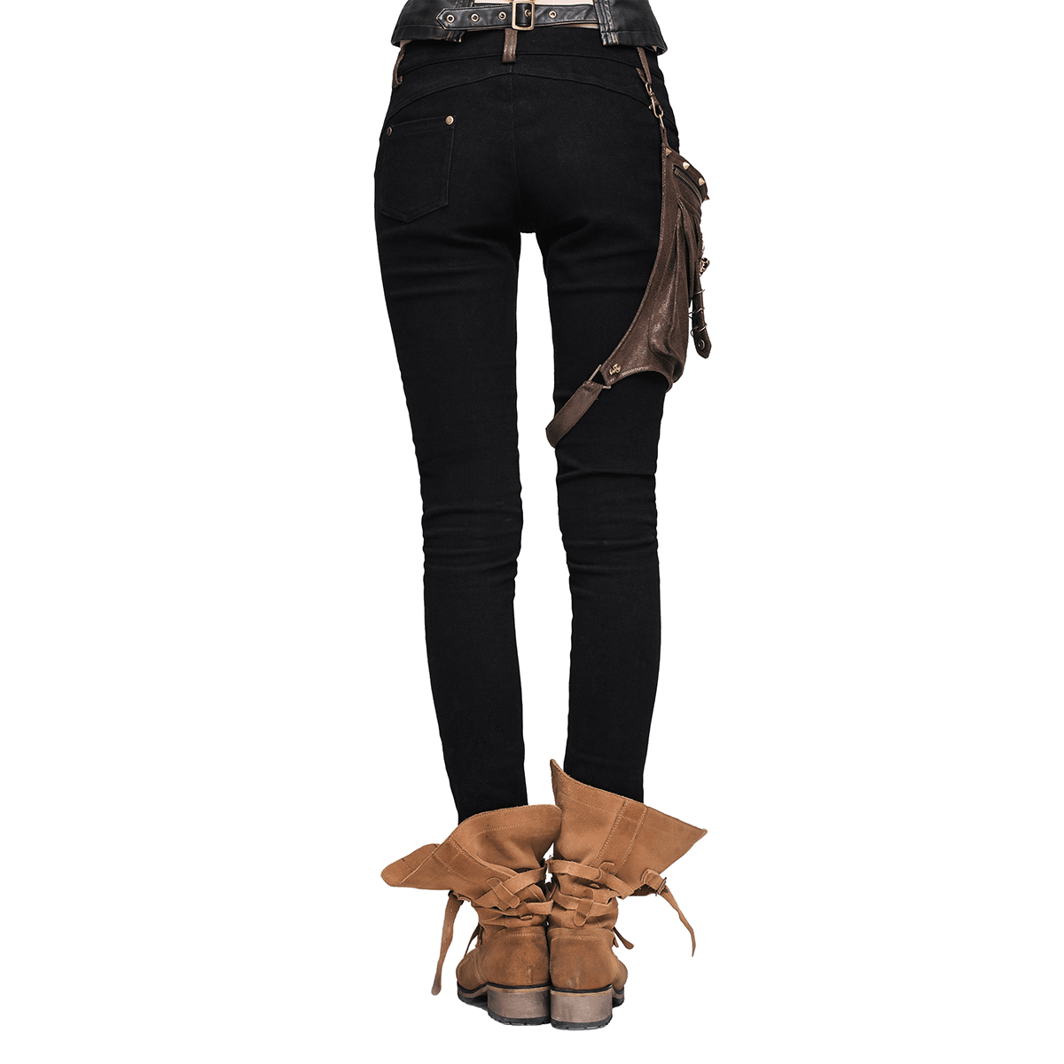 Steampunk Pants With Leather Pocket for Women / Motorcycle Stretchy Pencil Trousers - HARD'N'HEAVY