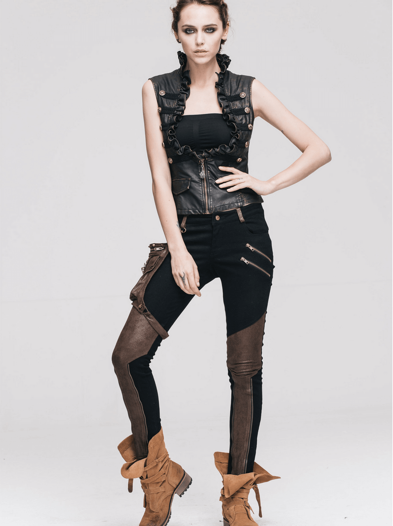 Steampunk Pants With Leather Pocket for Women / Motorcycle Stretchy Pencil Trousers - HARD'N'HEAVY
