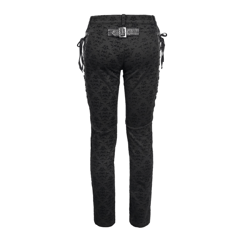 Steampunk Pattern Slim Pants / Black Pants with Lace up Sides