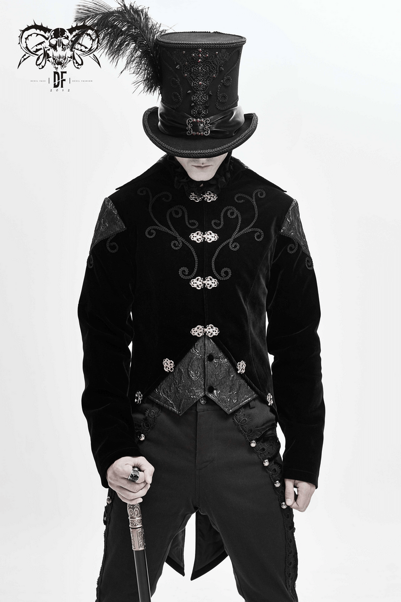 Steampunk Printed Coat with Buttons / Black Velvet Coat / Gothic Clothing for Men - HARD'N'HEAVY