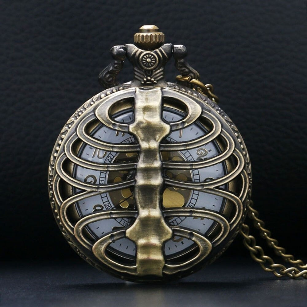 Steampunk hollow quartz pocket watch with a ribcage design, perfect for gothic and alternative fashion.