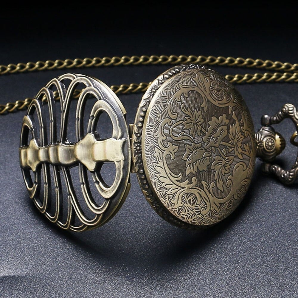 Steampunk hollow quartz pocket watch featuring intricate designs and a unique steel chest style.
