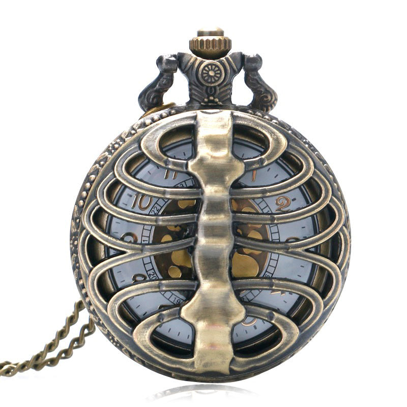 Steampunk hollow quartz pocket watch with rustic rib design, perfect for gothic and alternative fashion styles.