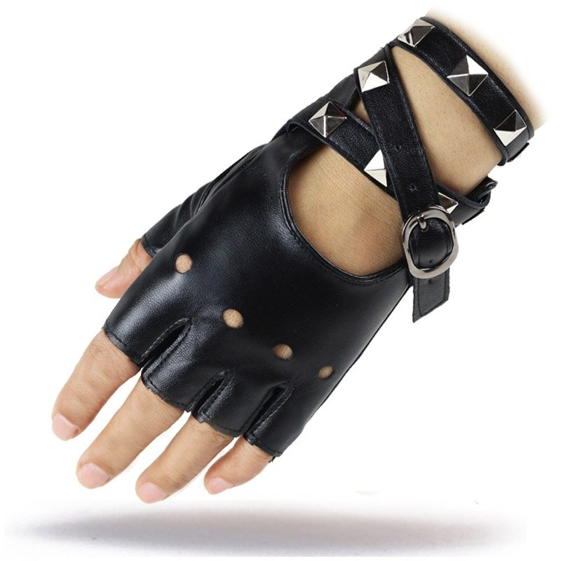 Steampunk rivets PU leather fingerless gloves for women, showcasing punk style and comfortable design.