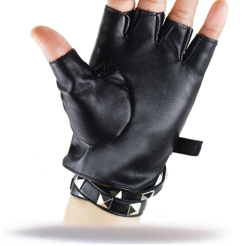 Fingerless black leather steampunk gloves with rivets, perfect for alternative fashion and punk style.