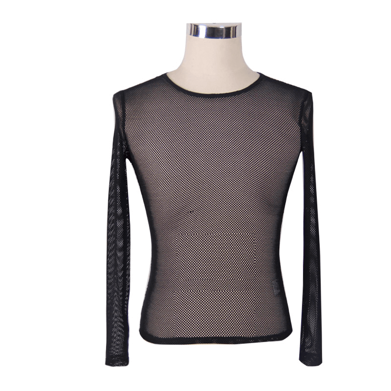 Men's steampunk black mesh long sleeve top featuring a modern see-through design.