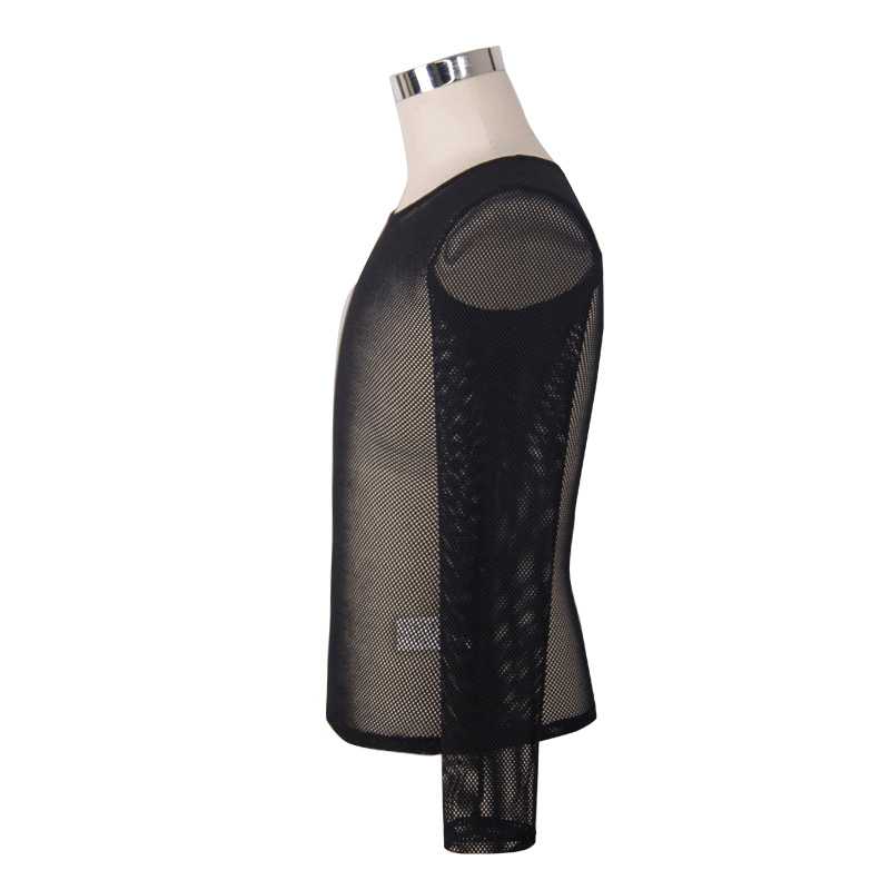 Steampunk see-through O-neck long sleeve top for men in black mesh fabric, showcasing a modern style.