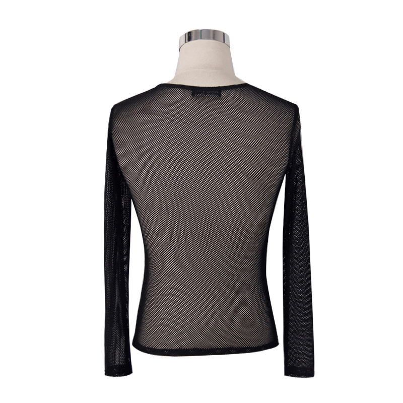 Back view of a stylish black mesh long sleeve top for men, featuring a steampunk design and modern cut.