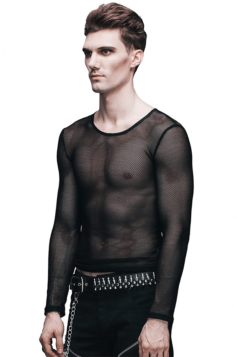 Men's steampunk mesh long sleeve top, sexy gothic style clothing, showcasing modern cut and sheer fabric.