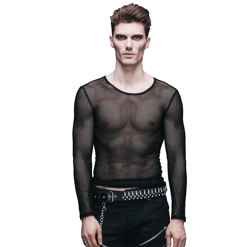 Steampunk See-through O-Neck Long Sleeves Top for Men / Sexy Gothic Black Mesh Clothing