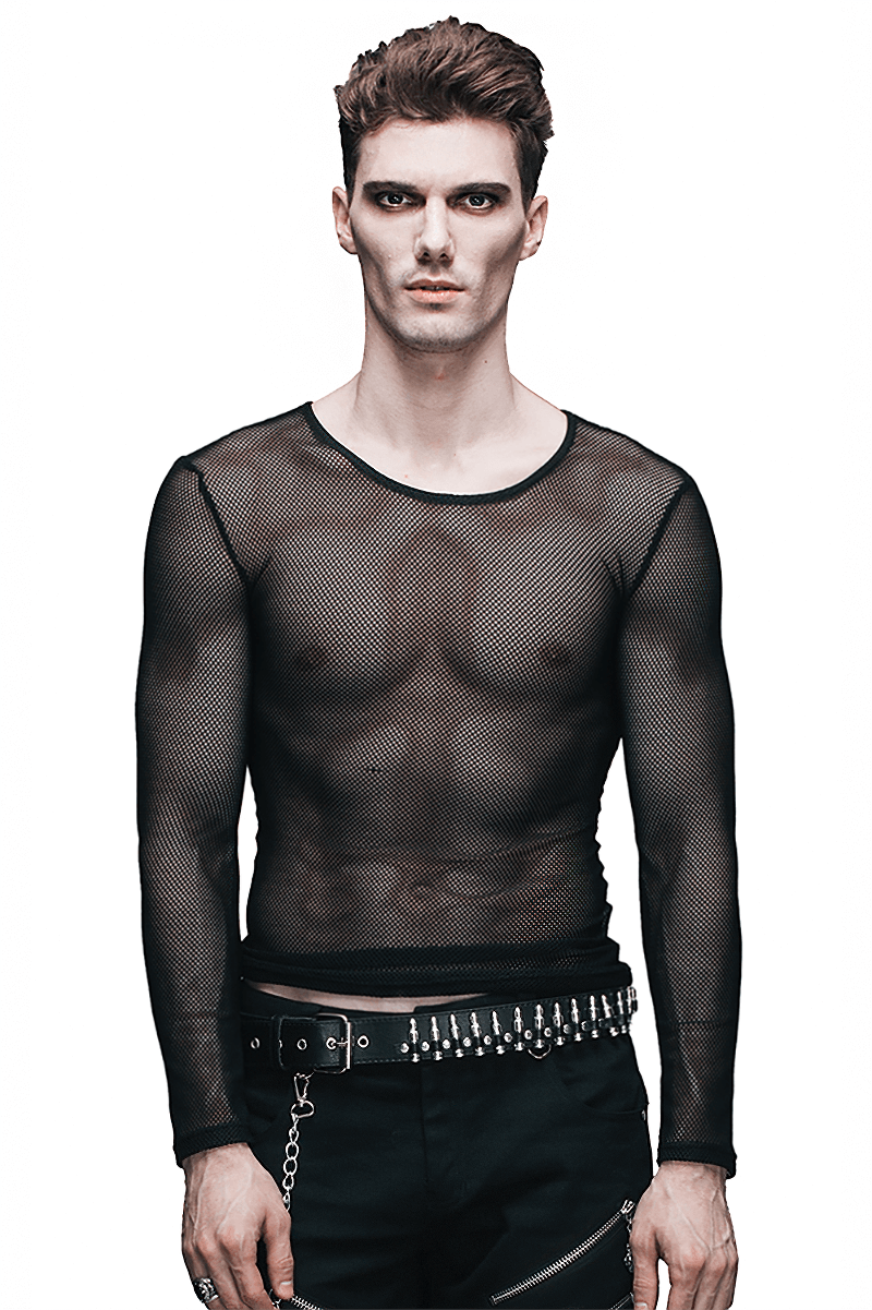 Men's steampunk see-through black mesh long sleeve top showcasing a modern cut and edgy style.