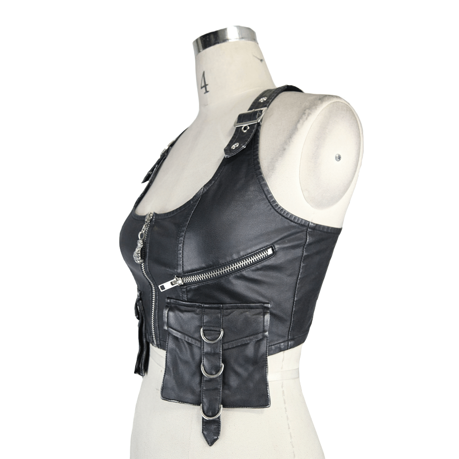 Steampunk Short PU Leather Vests for Women / Sleeveless Waistcoat with Pockets and Zipper - HARD'N'HEAVY