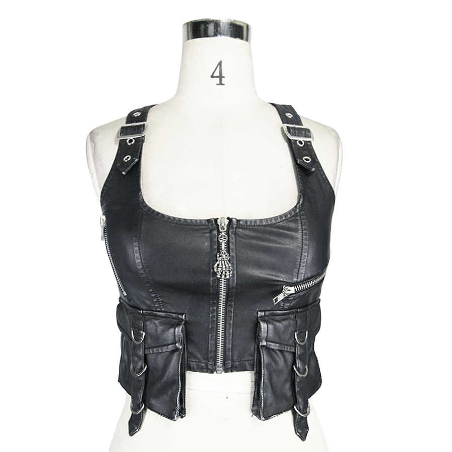 Steampunk Short PU Leather Vests for Women / Sleeveless Waistcoat with Pockets and Zipper - HARD'N'HEAVY
