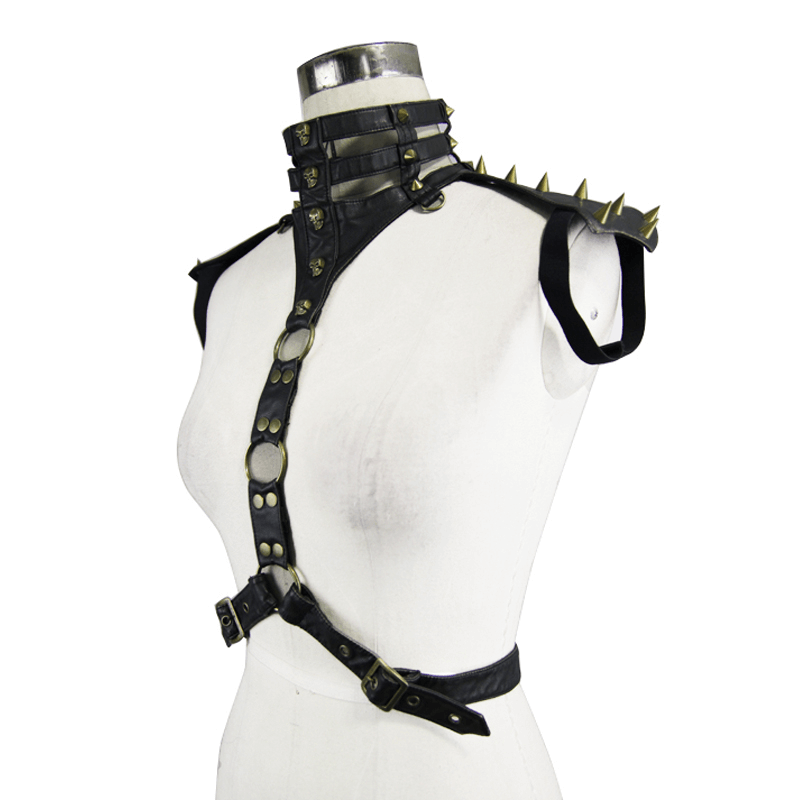 Steampunk Skulls Spikes Body Harness / Sexy High Collar PU Leather Straps