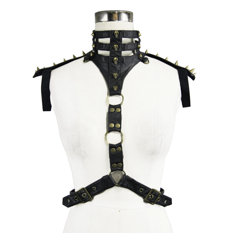 Steampunk Skulls Spikes Body Harness / Sexy High Collar PU Leather Straps