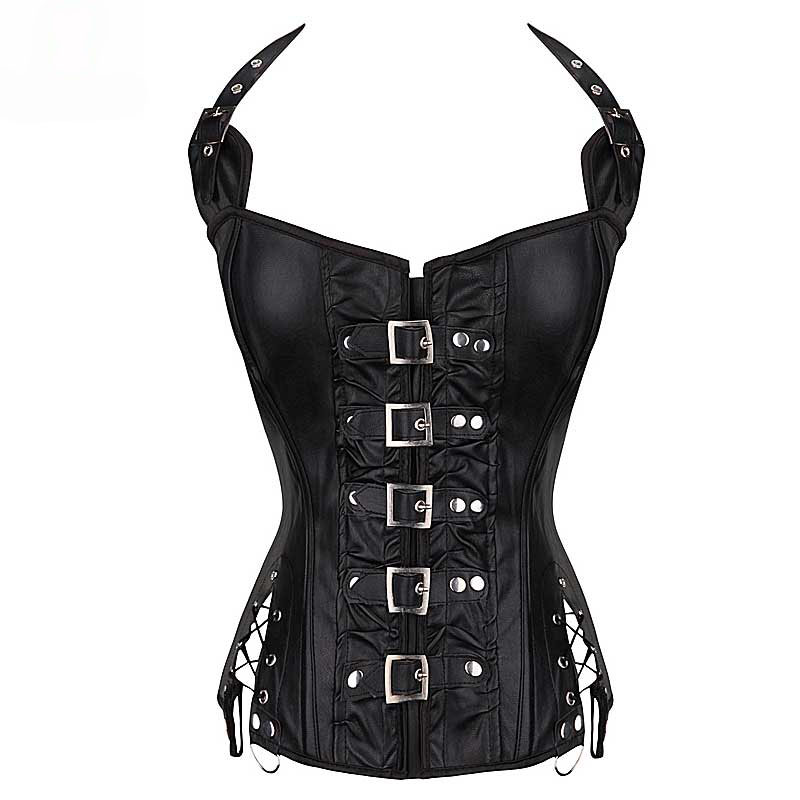 Stylish black steampunk faux leather corset with buckles, laces, and straps, perfect for a gothic fashion statement.