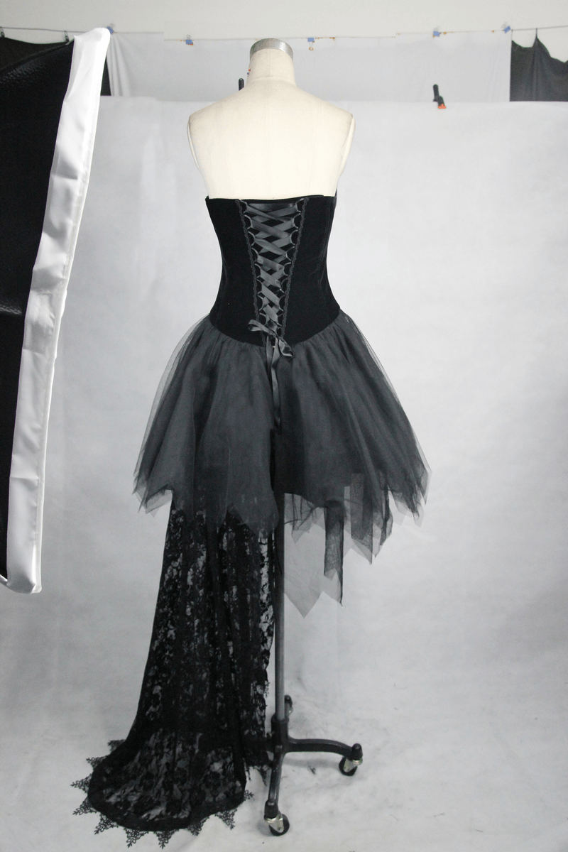 Steampunk Strapless Dress With Lace Train / Gothic Asymmetry Hem Dress with Feathers - HARD'N'HEAVY