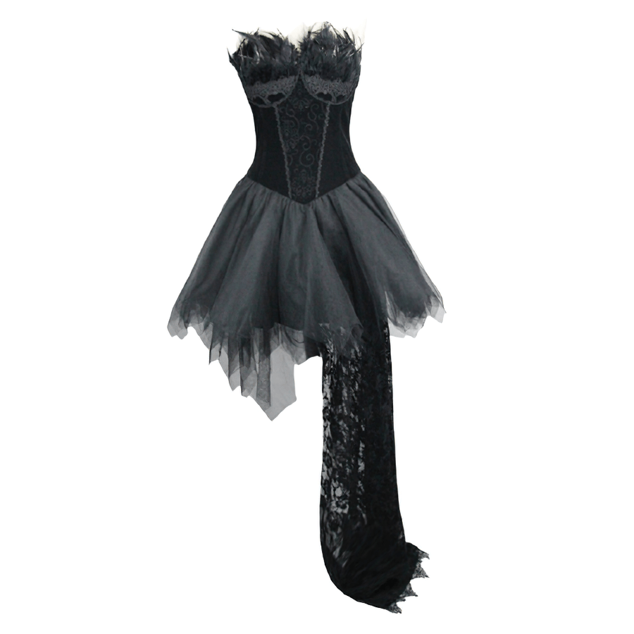 Steampunk Strapless Dress With Lace Train / Gothic Asymmetry Hem Dress with Feathers - HARD'N'HEAVY