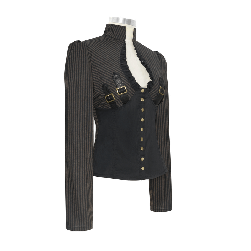 Steampunk Striped Long Sleeves Shirt / Women's Brown Blouse with Buckle Belts - HARD'N'HEAVY