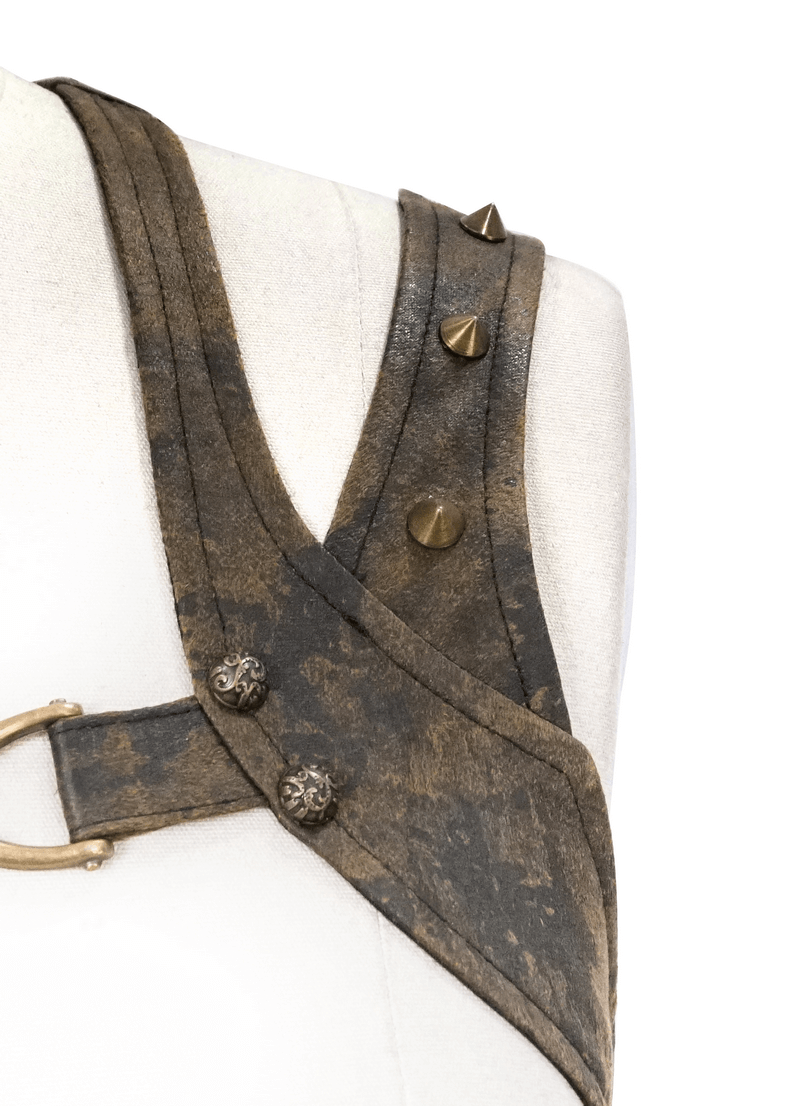 Steampunk Tight Waistcoat with Rivets / Vintage Brown Vest with Lace up on Back for Women - HARD'N'HEAVY