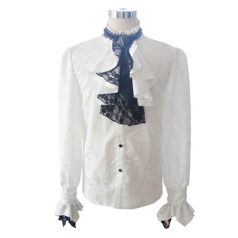 Steampunk White Men's Shirt With Tie Collar / Male Vintage Pattern Long Sleeves Shirts - HARD'N'HEAVY