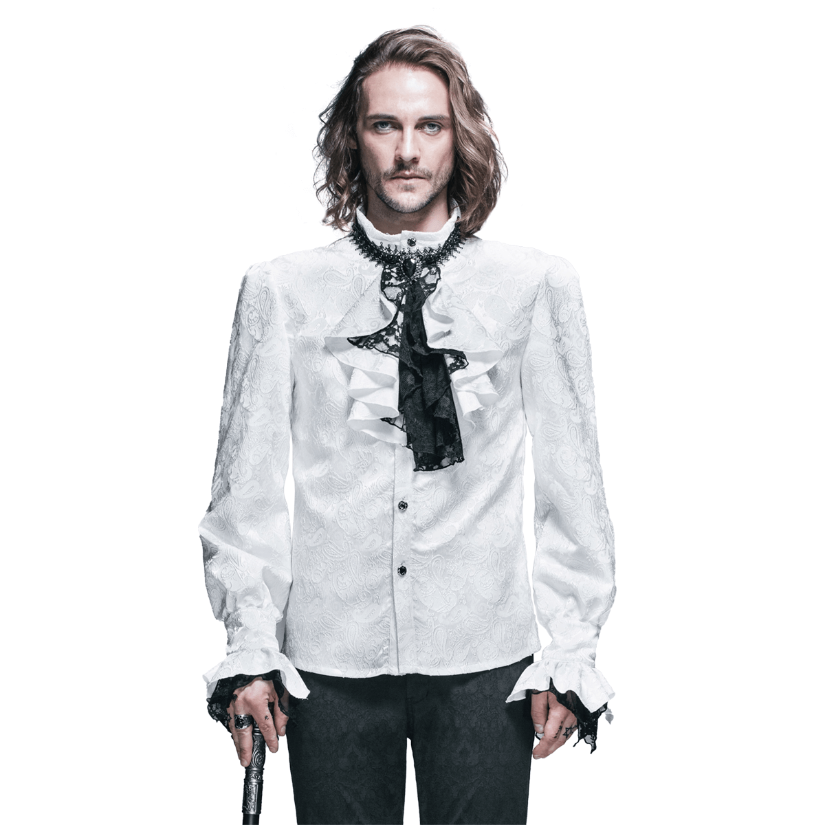 Steampunk White Men's Shirt With Tie Collar / Male Vintage Pattern Long Sleeves Shirts - HARD'N'HEAVY