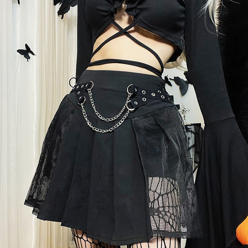 Steampunk Women's High Waist Skirt with Chains / Mesh Mini Skirts in Gothic Style - HARD'N'HEAVY