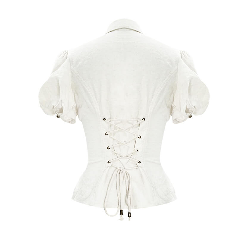 Back view of a steampunk women's white shirt with short puff sleeves and lace-up detailing.