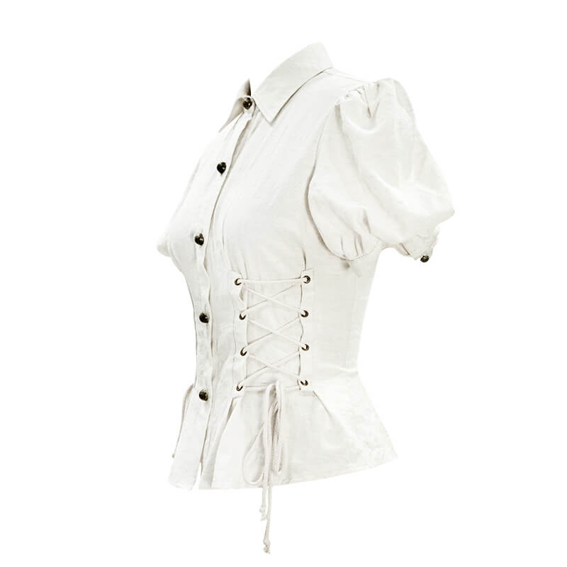 Stylish steampunk women's white blouse with short puff sleeves and lace-up sides, perfect for alternative fashion.