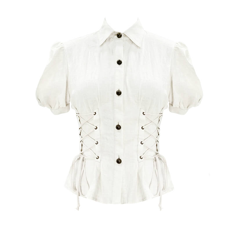 Steampunk women's white shirt with short puff sleeves and lace-up details, perfect for alternative style enthusiasts.
