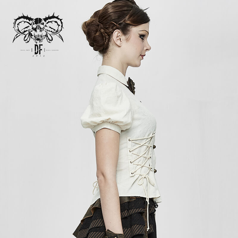 Steampunk women's white blouse with short puff sleeves and lace-up detail, showcasing vintage elegant style.