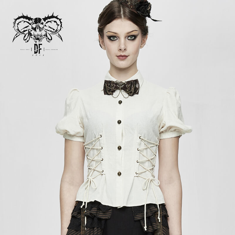 Stylish women's steampunk white blouse with puff sleeves and lace-up details, perfect alternative fashion statement.