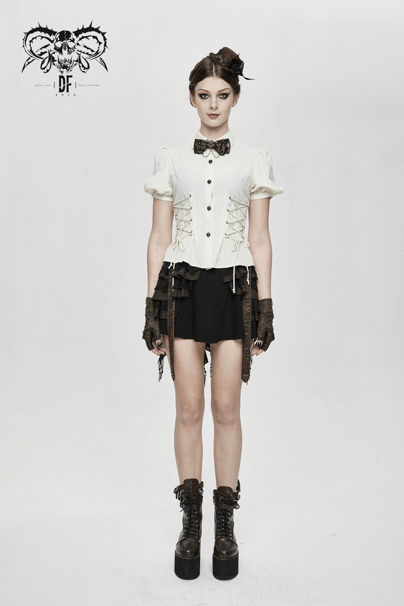 Steampunk women's white blouse with short puff sleeves and lace-up detail, paired with stylish black shorts.