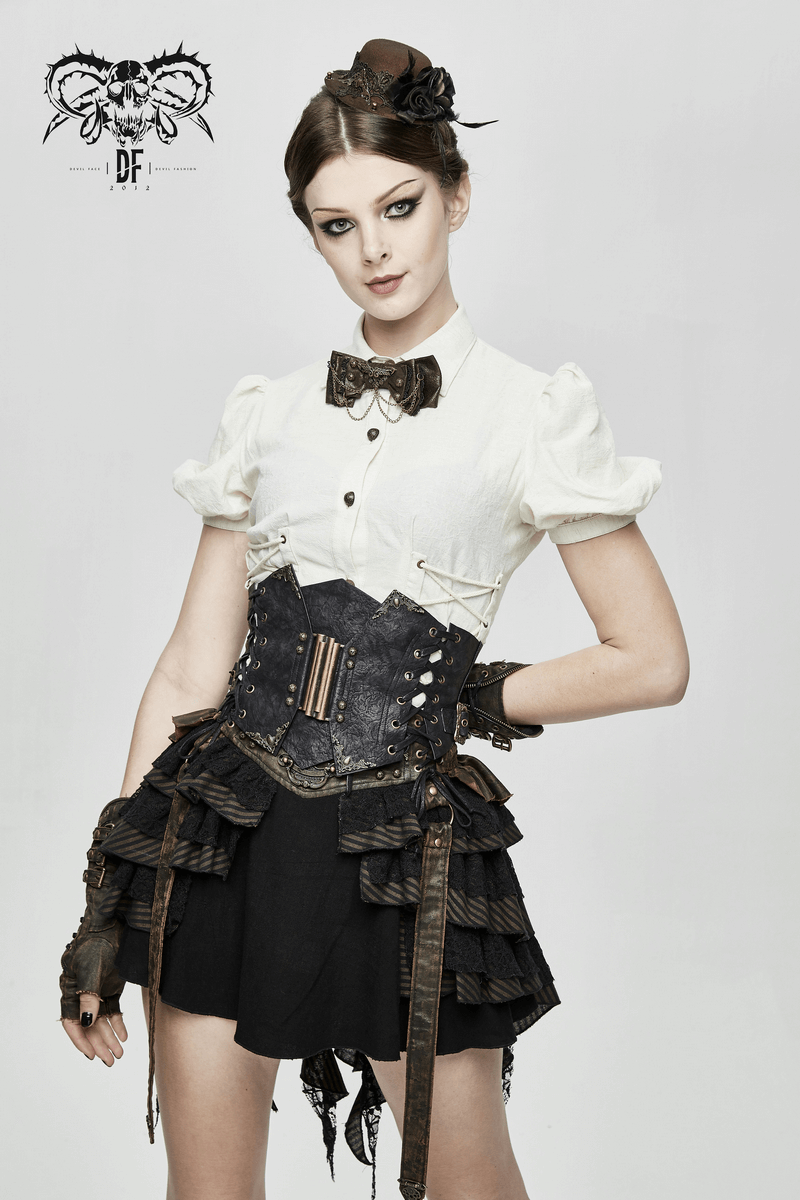 Steampunk Women's White Shirt with Short Puff Sleeves & Lace-up / Alternative Style Ladies Clothing - HARD'N'HEAVY