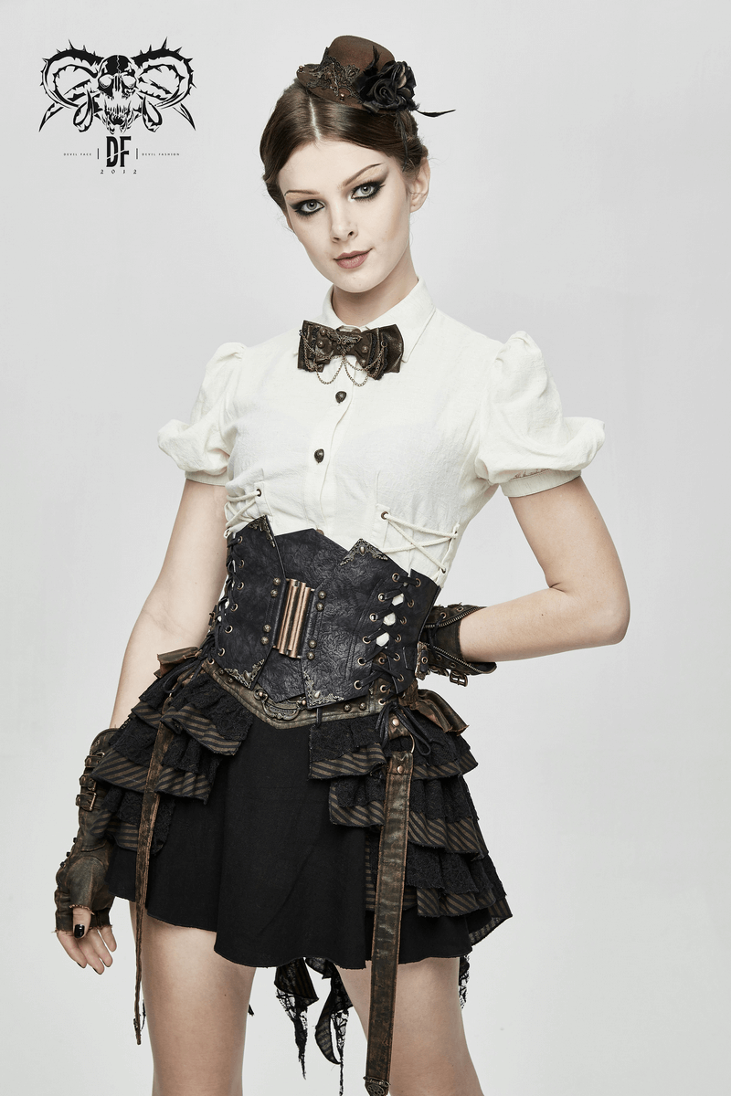Steampunk women's white shirt with puff sleeves, paired with a corset, showcasing alternative fashion style.