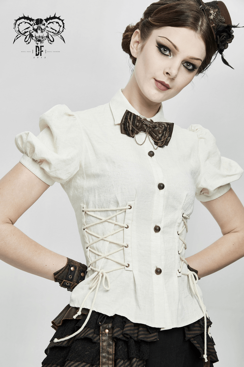 Stylish woman in a steampunk white blouse with puff sleeves and lace-up sides, showcasing alternative fashion.
