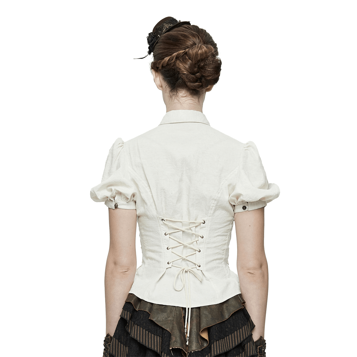 Back view of a steampunk women's white blouse with short puff sleeves and lace-up detail.