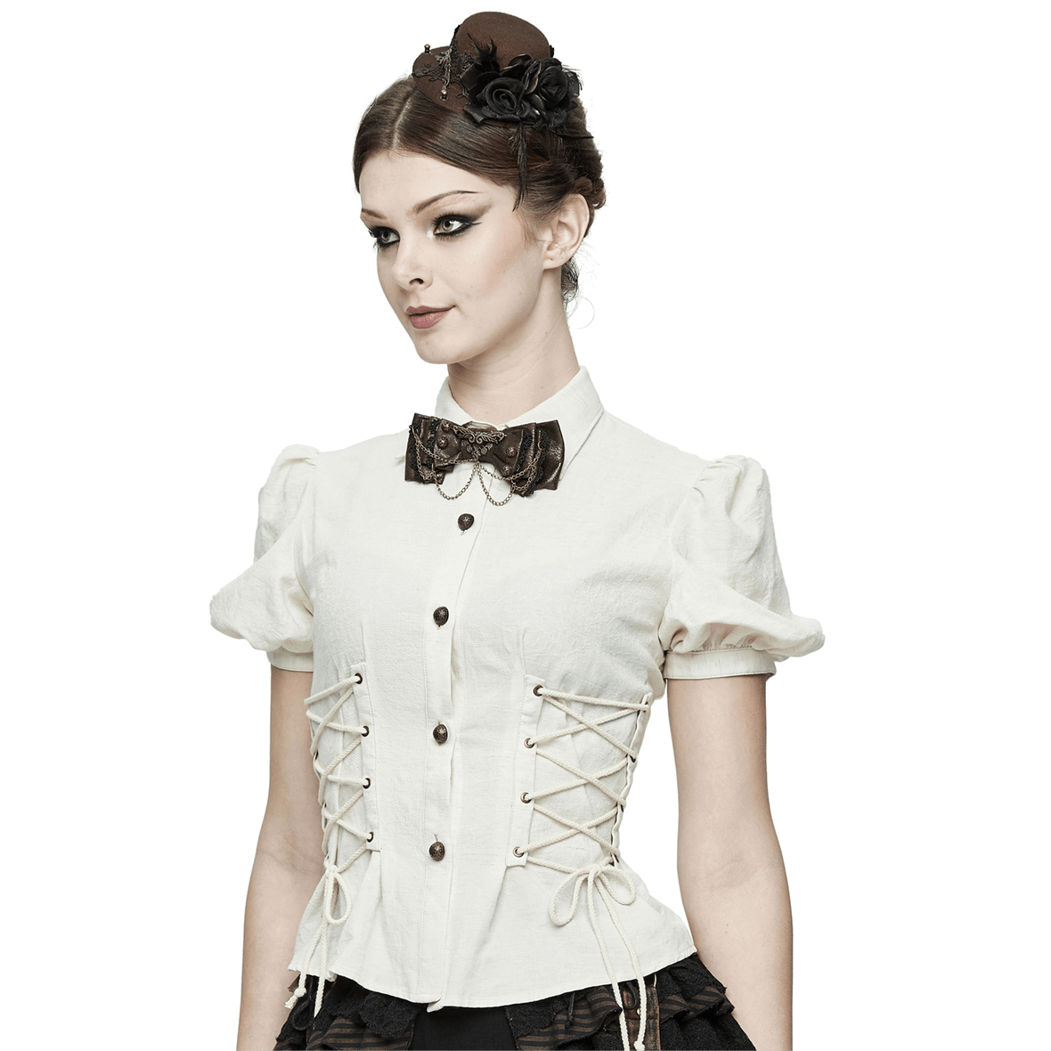 Steampunk women's white shirt with short puff sleeves and lace-up details, showcasing a vintage style.
