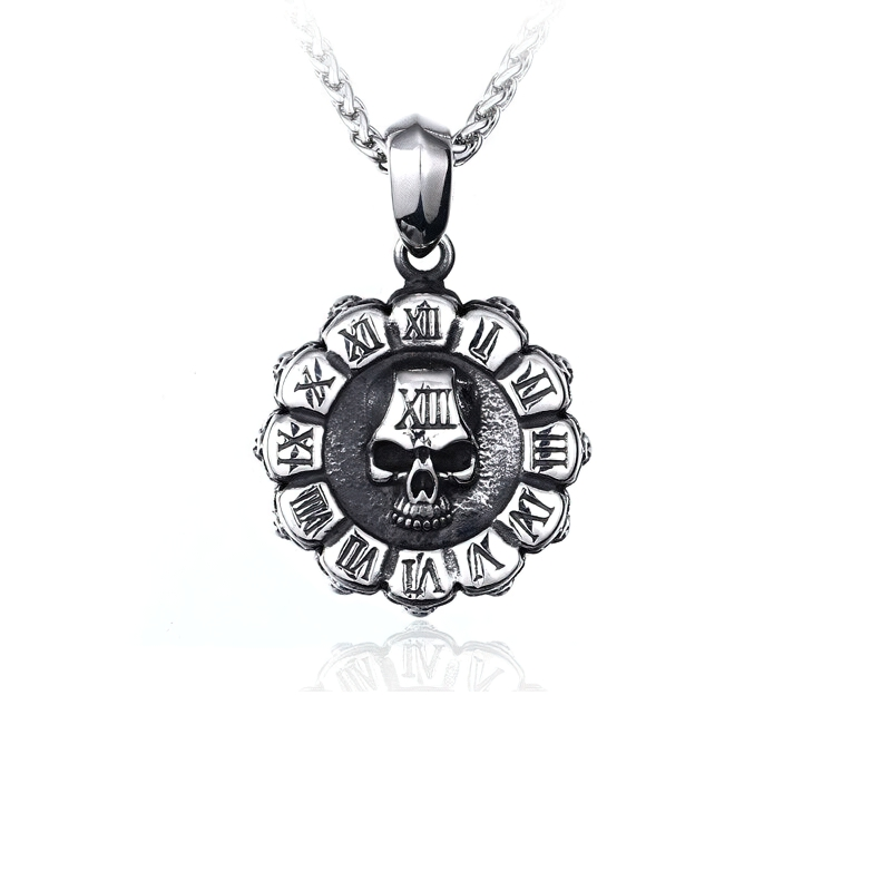 Unisex stainless steel round pendant featuring a skull design, perfect for Gothic and alternative fashion lovers.