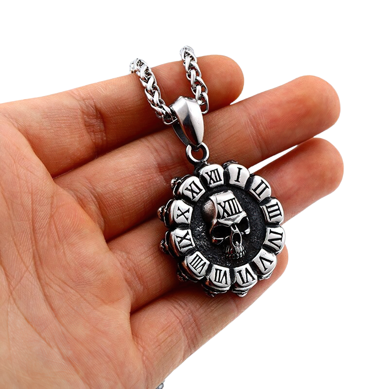 Unisex stainless steel round skull pendant with Roman numerals, stylish gothic necklace for alternative fashion lovers.