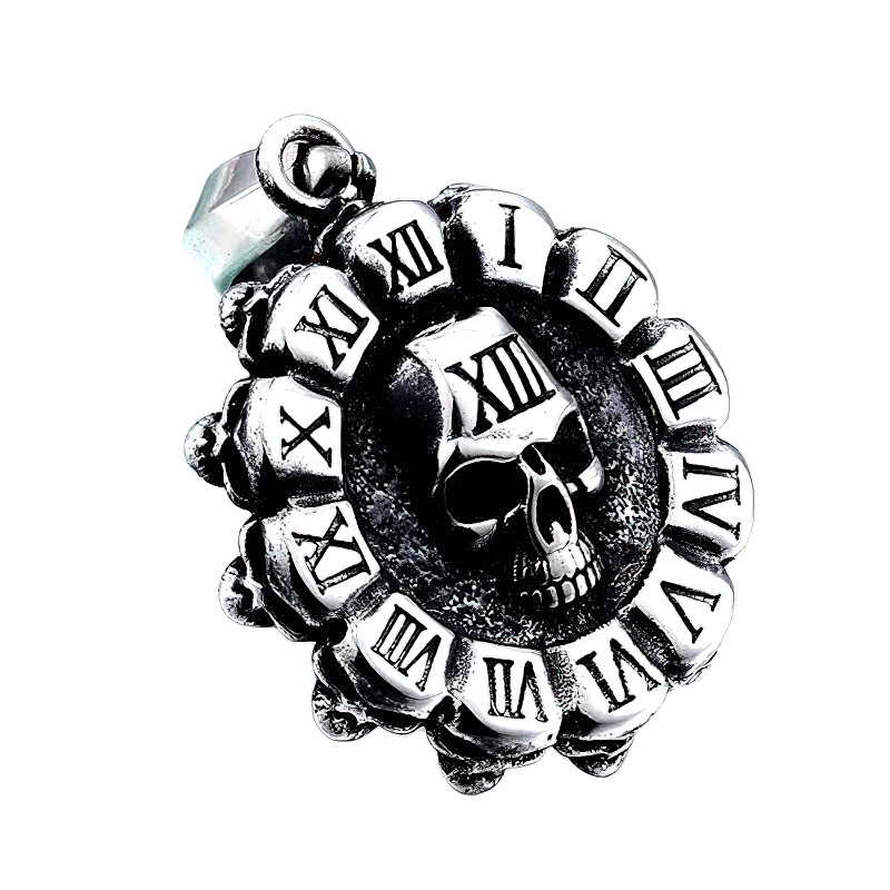 Unisex stainless steel skull round pendant with Roman numerals, perfect for gothic fashion enthusiasts.