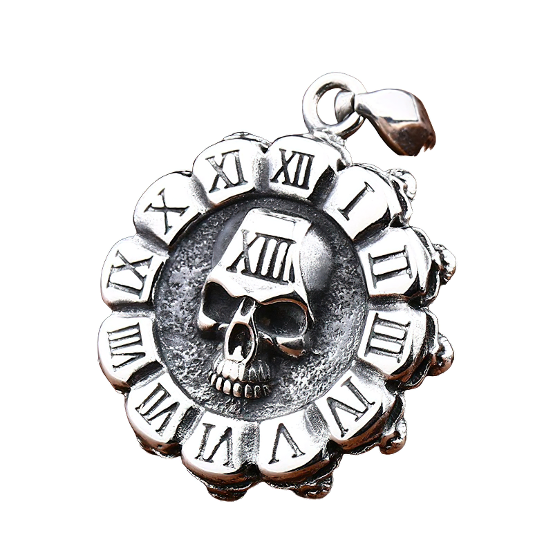 Unisex stainless steel skull pendant in gothic style with round design and Roman numerals.