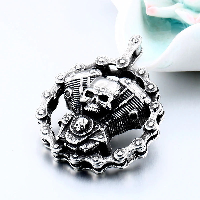 Steel skull motorcycle engine pendant necklace, perfect for bikers and rock enthusiasts, showcasing sleek stainless steel design.